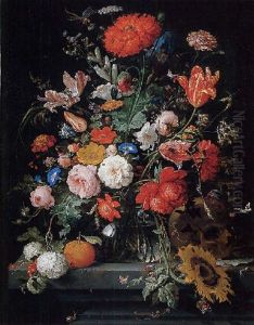 Tulips, Roses, Carnations And Other Flowers In A Glass Vase With Raspberries, An Orange, Berries, A Skull, An Hourglass With Snails And Butterflies On A Stone Pedestal by Abraham Mignon