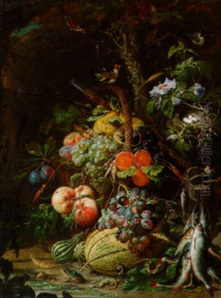 Stilleben Mit Obstkorb, Vogel Mit Vogelnest, Fischen, Froschen Und Molchen - view 1