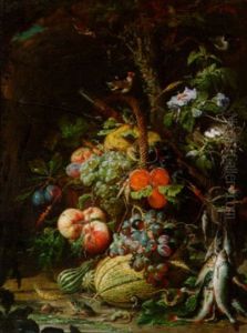 Stilleben Mit Obstkorb, Vogel Mit Vogelnest, Fischen, Froschen Und Molchen