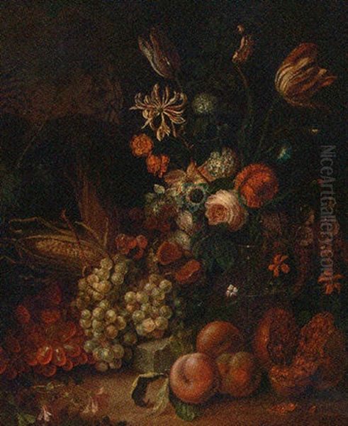 Tulip, Honeysuckle, Hydrangea, Primroses And Other Flowers In A Glass Vase - view 1