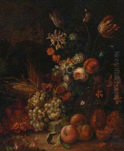 Tulip, Honeysuckle, Hydrangea, Primroses And Other Flowers In A Glass Vase by Abraham Mignon