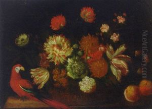 Roses, Carnations, Parrot Tulips And Other Flowers In A Basket, With Apples And A Parrot On A Ledge by Abraham Mignon