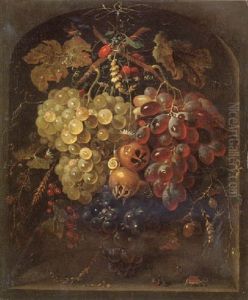 Still Life Of Grapes, Pomegranates And Vine Leaves Hung Before A Niche, With A Snail And Other Insects