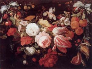 A Swag Of Flowers And Fruit With Caterpillars, Beetles, Butterflies And A Snail by Abraham Mignon
