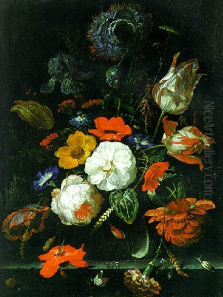 Roses, Parrot Tulips And Other Flowers With Ears Of Corn In A Glass Vase With Snails, A Spider And Insects On A Stone Shelf In An Alcove - view 1