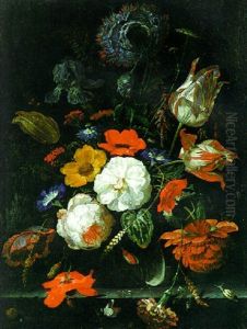 Roses, Parrot Tulips And Other Flowers With Ears Of Corn In A Glass Vase With Snails, A Spider And Insects On A Stone Shelf In An Alcove