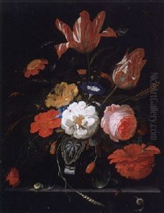 Flowers And Ears Of Wheat In A Glass Vase With Snails And A Butterfly On A Stone Ledge
