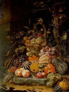 A Forest Floor Still Life With Grapes, Plums, Rosehips, Blackberries And Ears Of Corn In A Basket With Other Objects And Animals