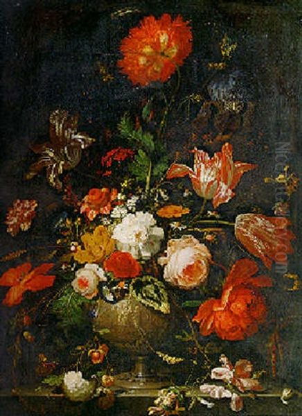 Still Life Of An Iris And Other Flowers With Snails And Insects On A Stone Ledge by Abraham Mignon