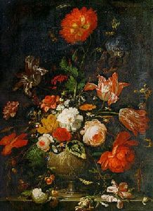 Still Life Of An Iris And Other Flowers With Snails And Insects On A Stone Ledge