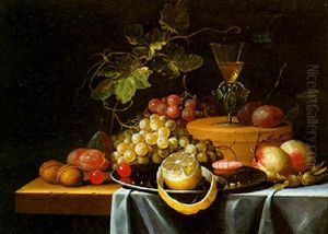 Still Life Of A Facon De Venise Goblet, A Box, A Pewter Plate And Fruit On A Draped Ledge by Abraham Mignon