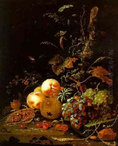 Peaches, Grapes, A Gourd, Cherries, A Corn Cob, Ears Of Corn With Butterflies, And A Snail By A Tree Stump by Abraham Mignon