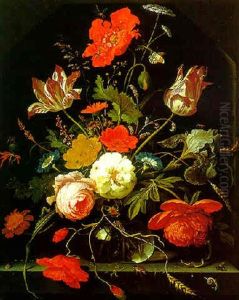 Peonies, Roses, Tulips And Poppies In A Glass Vase With Caterpillars And Other Insects On A Stone Ledge