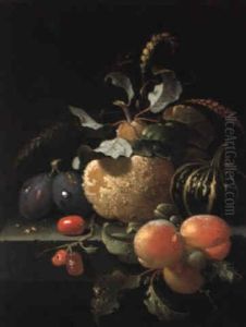 Fruchtestilleben Mit Pflaumen, Quitte, Aprikosen, Hartriegeln Und Kurbis by Abraham Mignon