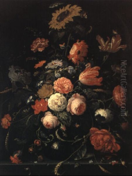 Composition Florale Avec Insectes Sur Un Entablement - view 1