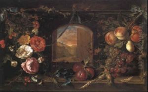 Blick Auf Landschaft Durch Ein Mit Blumen- Und Fruechtegirlanden Geschmuecktes Fenster by Abraham Mignon