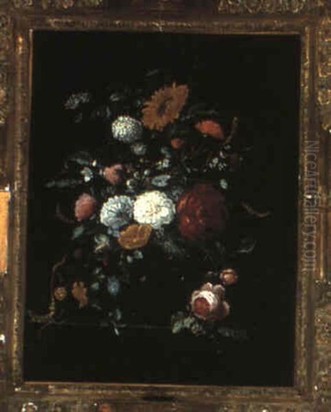 Still Life Of Flowers In A Vase On A Stone Ledge - view 1