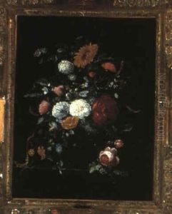Still Life Of Flowers In A Vase On A Stone Ledge by Abraham Mignon