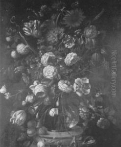 Roses, Tulips, Honeysuckle, Peonies And A Sunflower In A    Glass Vase On A Stone Ledge With Figs, Cherries, Peaches...