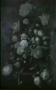Bouquet De Fleurs Dans Un Vase En Verre Sur Un Entablement by Abraham Mignon
