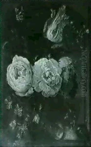 Still Life Of Flowers In A Glass Vase In A Stone Niche - view 1