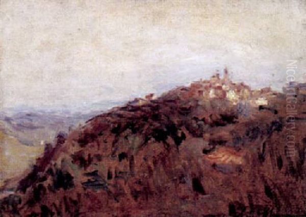 Hugelige Landschaft Mit Kleiner Stadt Im Sonnigen Licht - view 1