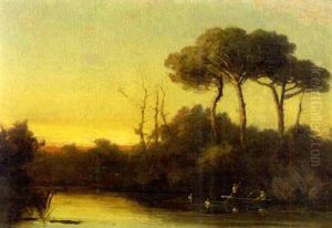 Southern Bayou Scene With Figures On A Boat by Louis Remy Mignot