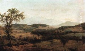 Panoramic View With Sheep Meadows And Distant Mountains by Louis Remy Mignot