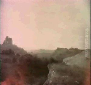 A Ruin On A Hill Top On An Extensive Rocky Landscape, At Sunset by Louis Remy Mignot