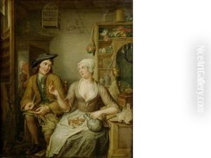 A Man And Woman Smoking, Drinking And Cracking Nuts In An Interior by Hieronymus van der Mij
