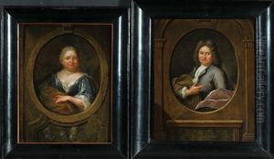 Damen- Und Herrnportrait In Gemalter Holzeinfassung Mit Allegorischer Ausschmuckung (pair) Damen- Und Herrnportrait In Gemalter Holzeinfassung Mit Allegorischer Ausschmuckung (pair)