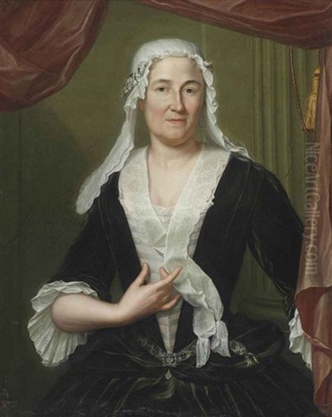Portrait Of A Lady, Half-length, In A Dark Green Velvet Dress And White Chemise, Wearing A White Headdress - view 1