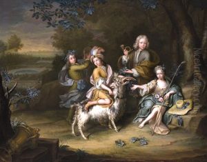 Kinder In Jagdkleidung Mit Ziegenbock by Hieronymus van der Mij