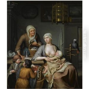 A Mother Nursing A Child In An Interior, Together With Two Young Boys Taking Cherries And An Elderly Woman Bringing A Basket With Eggs by Hieronymus van der Mij