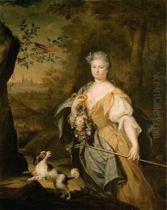 Portrait Of A Lady Standing In A Wooded Landscape With A Spaniel And A Perroquet In A Tree Nearby
