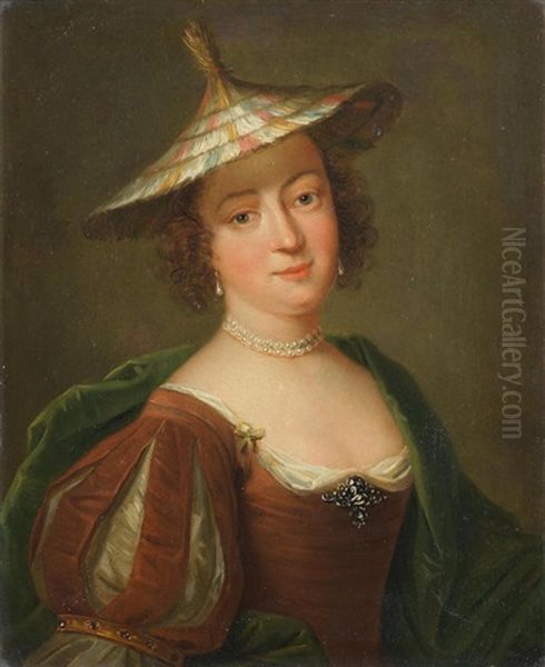 Portrait Of A Lady, Half-length, In A Red Dress And Oriental Hat - view 1