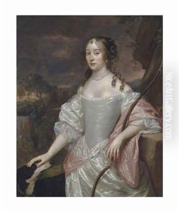 Portrait Of A Lady As Diana, Three-quarter-length, In An Oyster Satin Dress, A Bow In Her Left Hand, Her Right Resting On A Hound's Head, In A Landscape