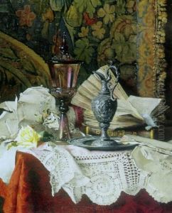 A Still Life With A Pewter Urn, Books, Music Sheets And Other Objects On A Table