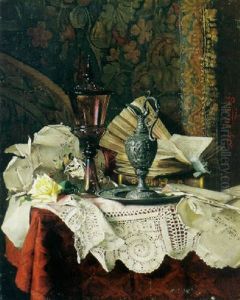 A Still Life With A Pewter Urn, Books, Music Sheets And Other Objects On A Table