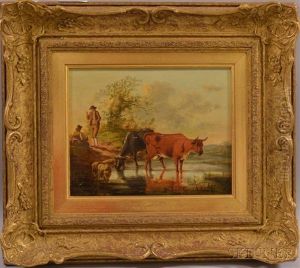 Cows And Sheep At A Stream by Henry Milbourne
