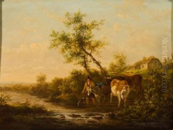 Drover, Mule And Cattle Crossing A Stream, A Cottage Beyond - view 1