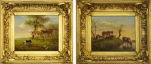Cattle In Pasture Land And Watering With Woodland by Henry Milbourne