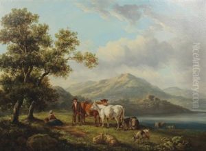 Cattle And Figures In A Mountain Landscape by Henry Milbourne
