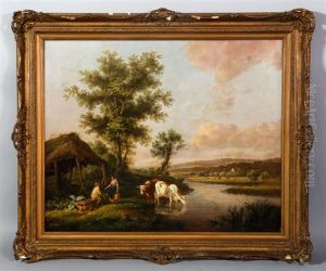 River View With Cows And Young People By A Thatched Roof House