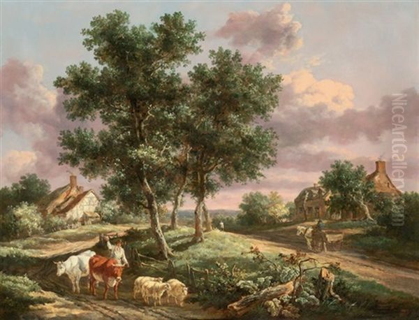 A Landscape With A Drover On A Path With Sheep And Cattle - view 1
