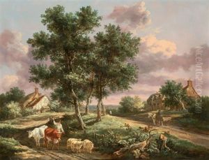 A Landscape With A Drover On A Path With Sheep And Cattle by Henry Milbourne