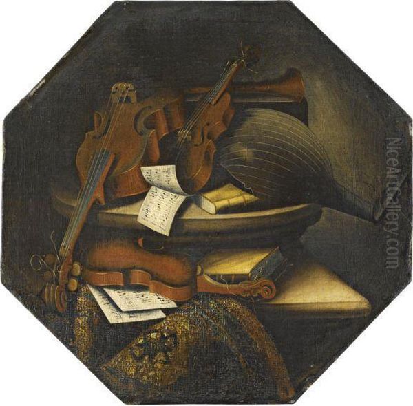 A Still Life With A Lute, A Violoncello, A Violin, And Musical Scores Over A Stone Ledge Beside A Carpet - view 1
