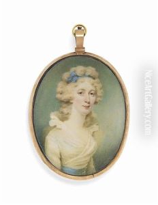 A Lady Called Mrs Merry, In White Dress With Frilled Collar And Blue Sash, Blue Bandeau In Her Powdered Curling Hair; Sky Background