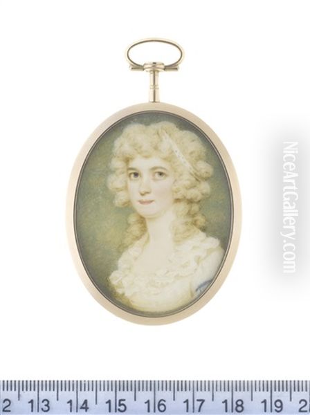 A Lady, Wearing White Dress With Frilled Trim To Her Decollete, Blue Ribbon To Her Left Arm, Her Powdered Hair Worn A La Conseilleur And Dressed With A White Bandeau - view 1