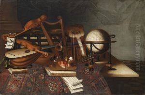 A Painter's Palette And Brushes, Musical Instruments, Books,including Volumes Of Plato And Tasso, A Globe And Two Chests, On Atable Partly Draped With A Carpet, In An Interior by Bartolomeo Bettera
